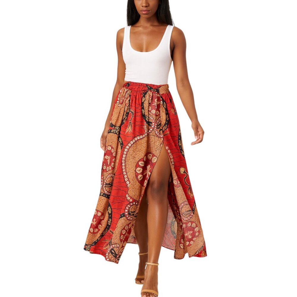 African Ankara Print Boho Maxi Skirt with Front Slit • High Waist • Size L